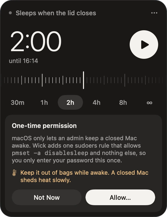 The Wick panel asking for a one-time permission, with Not Now and Allow buttons.